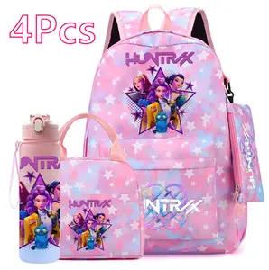 4PCS K-Pop Demon Hunters School Backpack Set for Girls Teens – Rumi Mira Zoey Student Backpack + Lunch Bag + Pencil Case + Water Bottle, Travel & School Set
