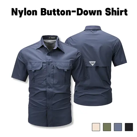 Men's Fitted Nylon Multi-Pocket Button Shirt - Breathable Quick-Drying Short-Sleeve Casual Fabric Top, Suitable for Outdoor Hiking, Workwear