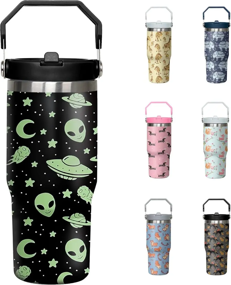 30oz Printed Alien Stainless Steel Insulated Tumbler with Handle, Flip Straw Lid, Portable Kitchenware for UFO Lovers, Ideal Gift for Mom, Best Friend, Teachers on Mother’s Day, Valentine’s Day