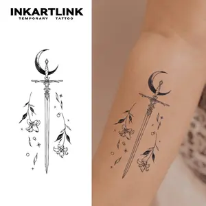 INKARTLINK Tattoo Tech, 2 Sheets Medium Semi Permanent Tattoo, Adult Art Design Temporary Tattoos, Lasts 1-2 Weeks, Waterproof, Realistic Look (Floral Language Series: Moonlight Sword Design)