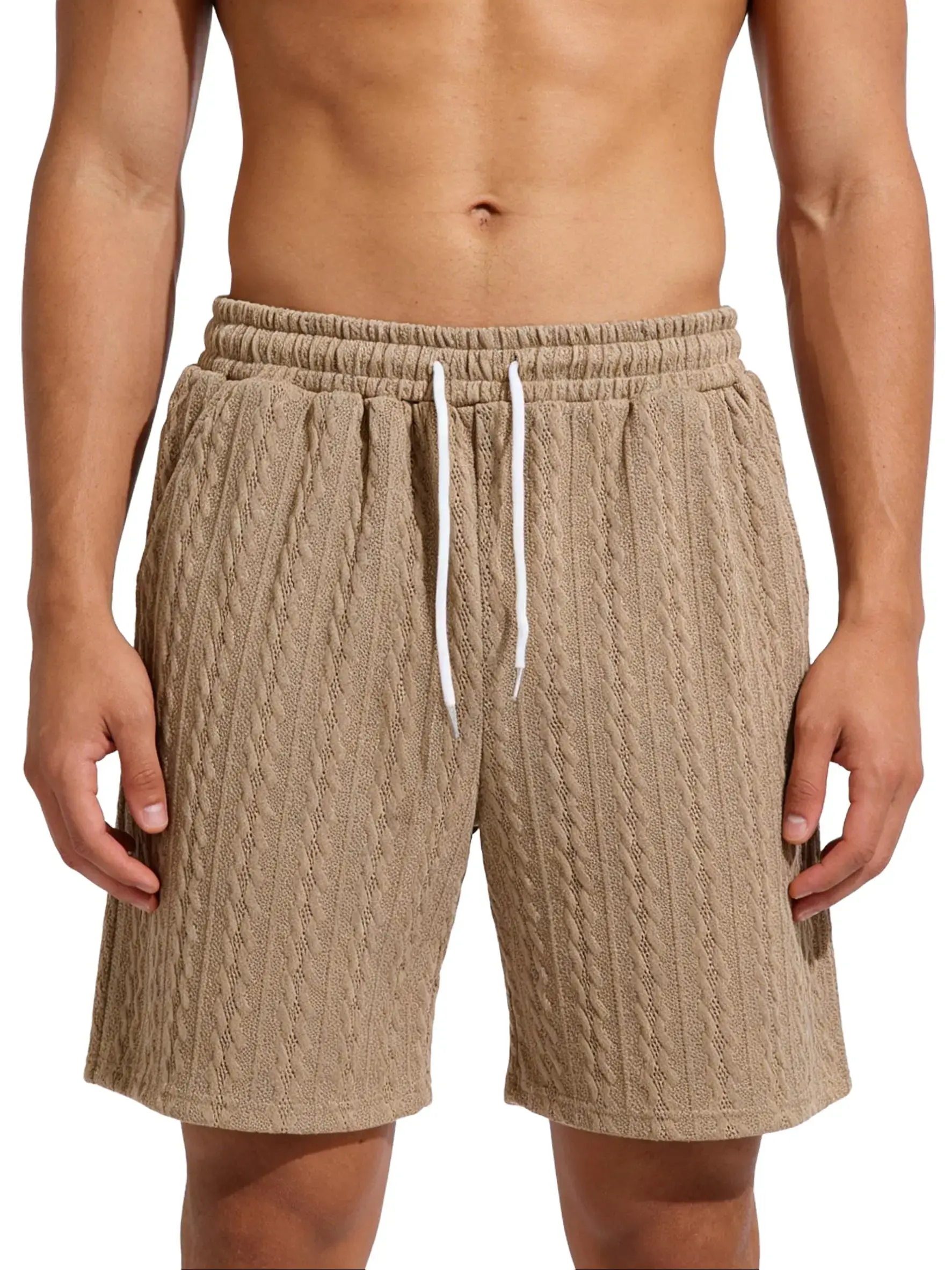 Men's Solid Color Knit Jacquard Textured Drawstring Casual Shorts Menswear Tropical jorts outfit men camo shorts camo shorts men's shorts 5 pack board  shorts breathable athletic short