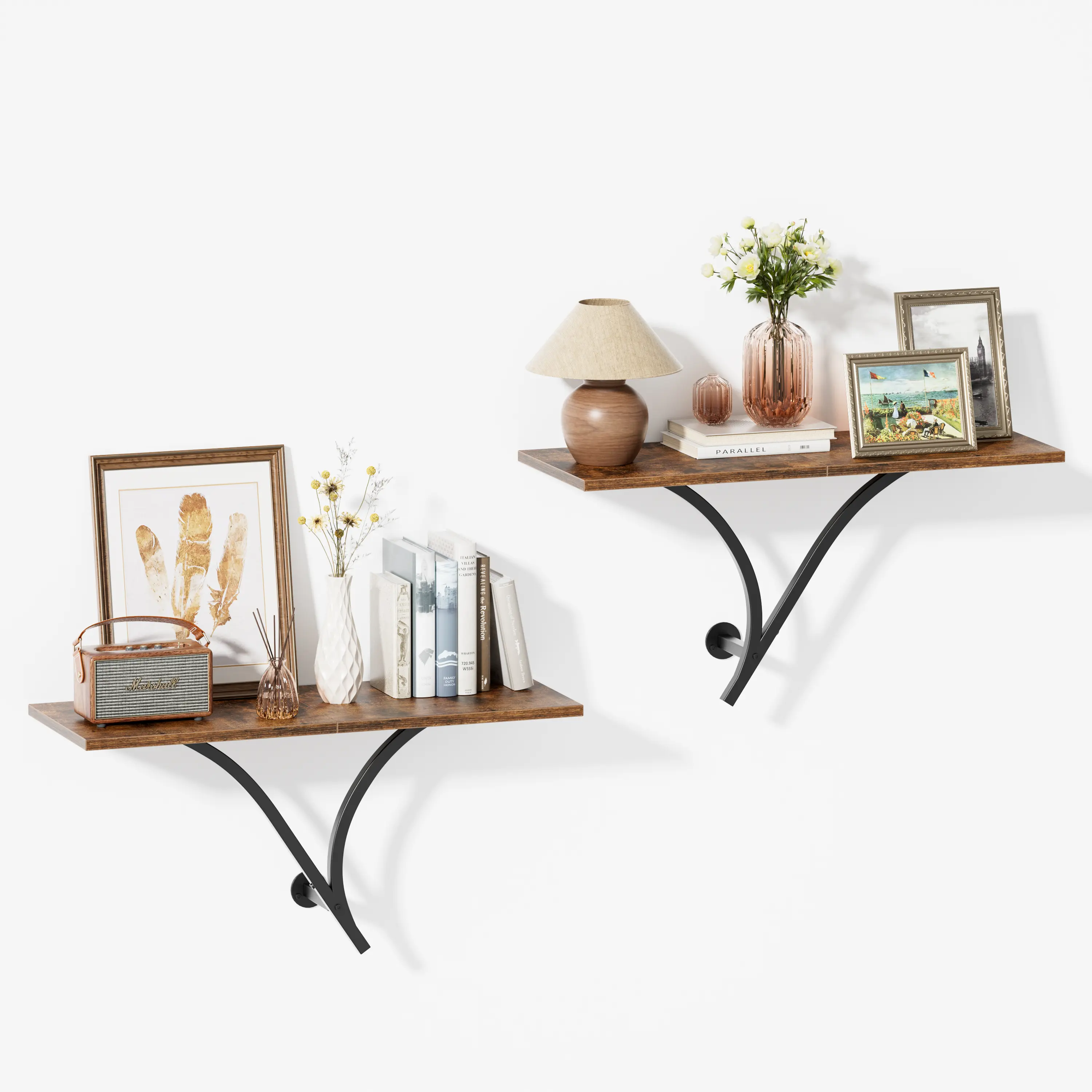 Wall Mounted Display Shelves Set of 2, Rustic Wood Floating Shelves with Stylish Metal Brackets for Plants, Decor & Collectibles, Decorative Wall Storage Shelf for Living Room, Bedroom & Entryway