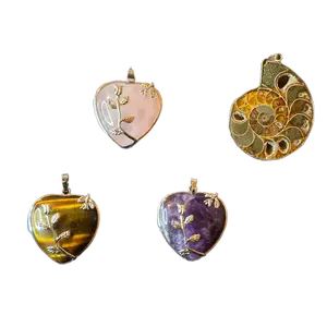 Silver Plated Crystal Heart & Ammonite Pendants | Amethyst, Rose Quartz, Tiger’s Eye | Southwest Crystals