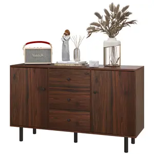 Rustic Brown Retro Sideboard Buffet Table Two Side Cabinets Three Central Drawers Adjustable Inner Shelves Black Support Feet Anti Tipping Fitting 108LBS Total Load For Dining Room Tableware And Dry Food Storage