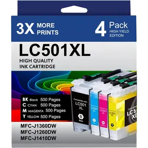 LC501XL Ink Cartridges for  Printer Compatible for  LC501XL LC501 Ink Cartridges with MFC-J1360DW MFC-J1260W MFC-J1410DW Printer (Black Cyan Magenta Yellow, 4 Pack)