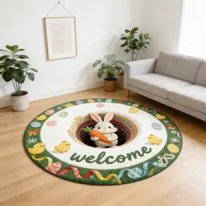 Children's Fun Easter Bunny Round Carpet Easter Egg Chicken Color Matching Plush Floor Mat Children's Room Anti slip Water absorbing Foot Mat Entrance Decoration Pad Compatible with Ins Style/Warm Parent Child Home Decoration