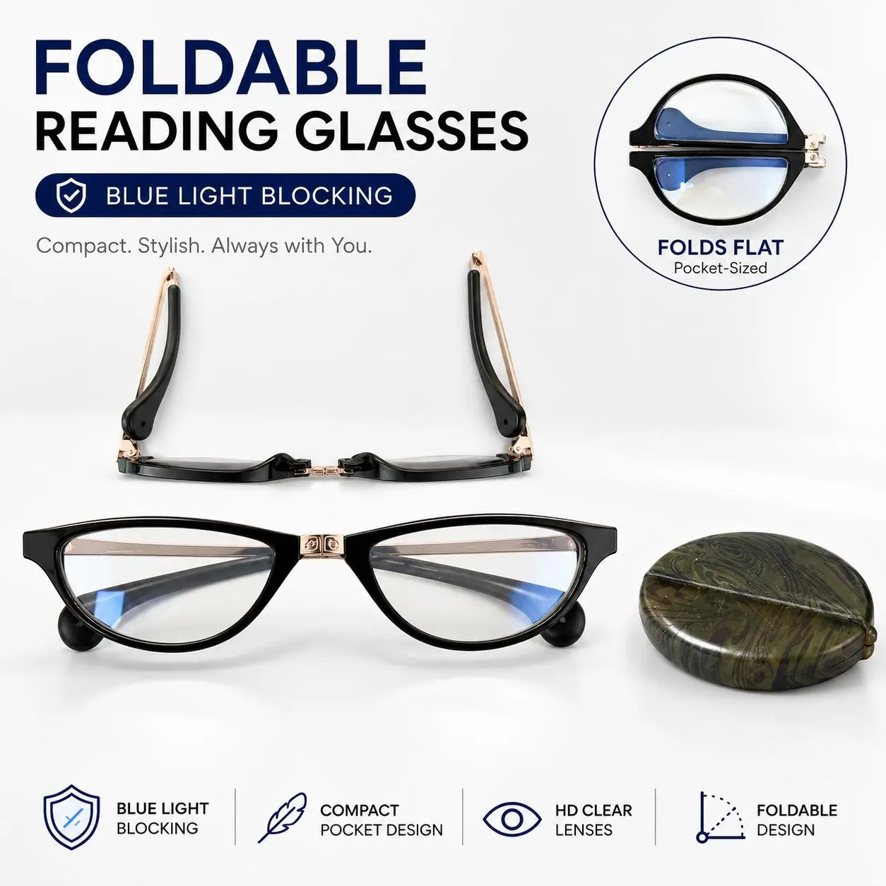 Foldable Reading Glasses for Men & Women, Blue Light Blocking Compact Readers with Pocket Case, Lightweight HD Clear Lens Eyeglasses for Travel, Work & Daily Reading