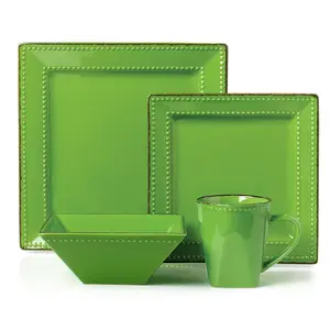 16 Piece Square Beaded Stoneware Dinnerware Set, Green