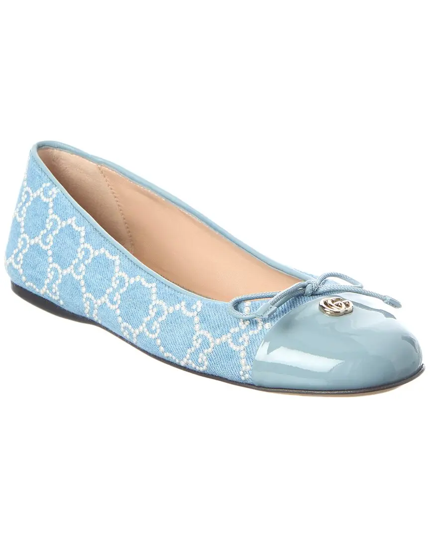 Gucci GG Embellished Denim & Patent Ballet Flat