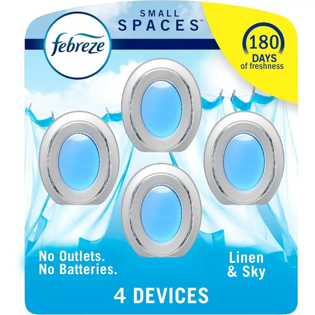 Febreze Small Spaces Air Freshener, Odor-Fighting, Plug In Alternative, Air Fresheners for Home and Bathroom and Kitchen, Closet Air Fresheners, Linen & Sky Scent, 4 Count