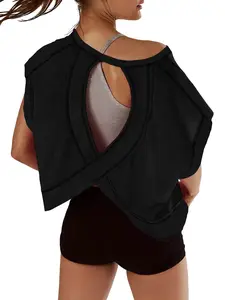 Women's Sport Yoga Hollow Backless T-Shirt, Short Sleeve Casual Plain Style Loose Fit Running Top, Minimalistic Activewear, Comfortable and Breathable Workout Tops, Athletic Tops, Casual Sports Top