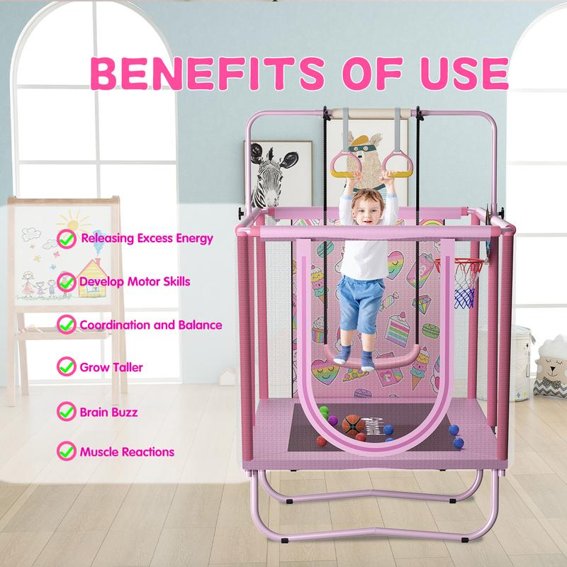 Skybound Rectangle Trampoline for Kids with Basketball Hoop, 36*55'' Indoor Outdoor Toddler Trampoline with Enclosure Net, Swing,  Ring, Ocean Balls, Small Trampoline Gift for Boys Girls, Best Gift for Kids