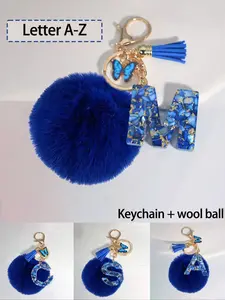 A-Z Letter Keychain, Blue Heart Resin Key, With Blue Pom-Pom, Chain Bag Charm, Backpack Charm, Car Charm, Gift For Women And Girls, Valentine's Day Gift, Handbag Accessory,Christmas Gift, Halloween Party Gift, Suitable For Family, Friends, And Classmates.