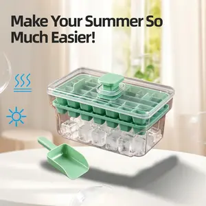 One Press Release Ice Cube Tray Double Layer Ice Maker Mold Ice Molds with Lid Storage Bin and Scoop Easy Pop Out Large Capacity Transparent Box for Freezer Iced Coffee Drink Accessories Kitchen Gadgets ASMR Restock Summer Home Essentials
