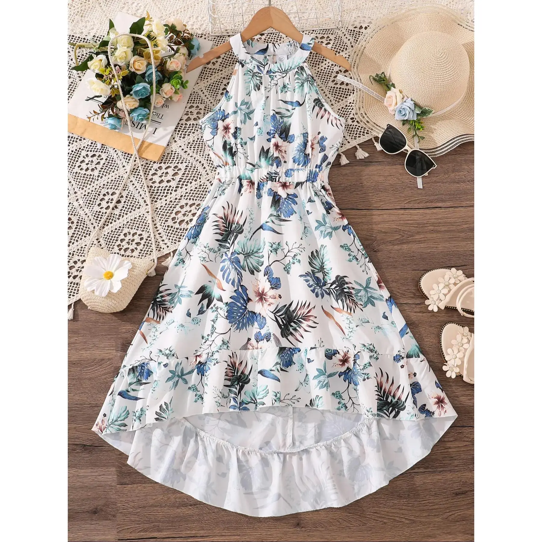 Girls' Sleeveless Floral Print Dress, Casual Halter Neck with Lightweight Asymmetrical Hem, Multicolor, Ages 6-7 Years