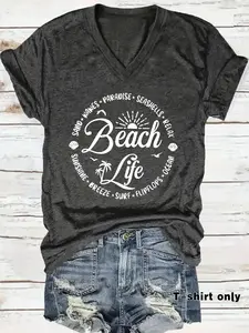 Women's Beach Life Print V Neck Tee, Casual Fashion Short Sleeve T-shirt for Daily Wear, Ladies Summer Clothes, Top, Womenswear