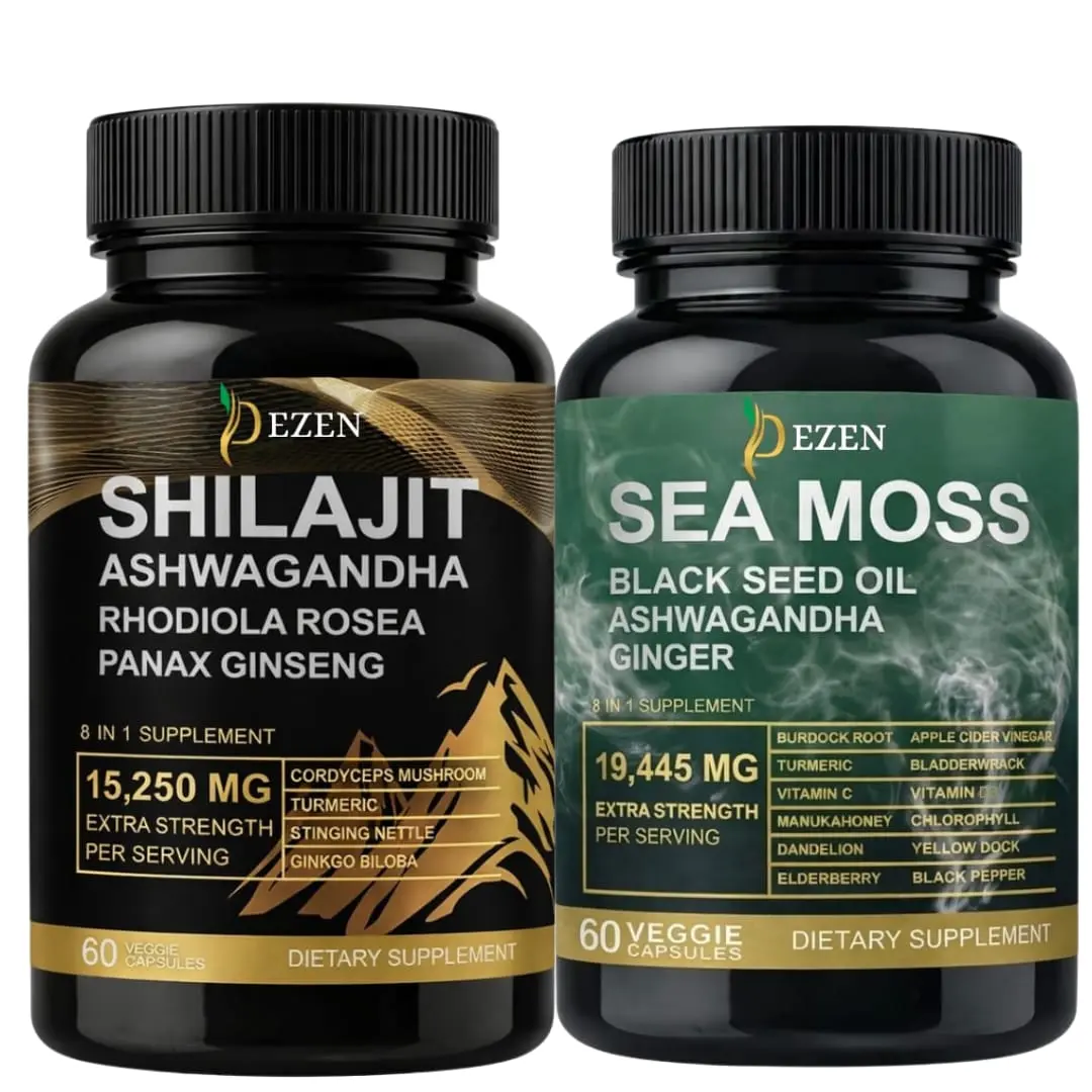 DEZEN Shilajit & Sea Moss Supplement, 60 Veggie Capsules Each, with Ashwagandha, Black Seed, Ginger, Rhodiola Rosea & Turmeric