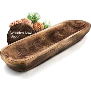 17¾ Inch Long Hand Carved Paulownia Wooden Dough Bowl for Decor, Large Rustic Decorative Bowl as Home Table Centerpiece, Entryway Catchall Tray for Keys, Wooden Dining Room Centerpiece Decor