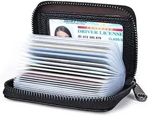 Genuine Leather Credit Card Holder Wallet RFID Blocking Secure Card Case ID Case Organizer Zipper Wallet (A-Classic Black)