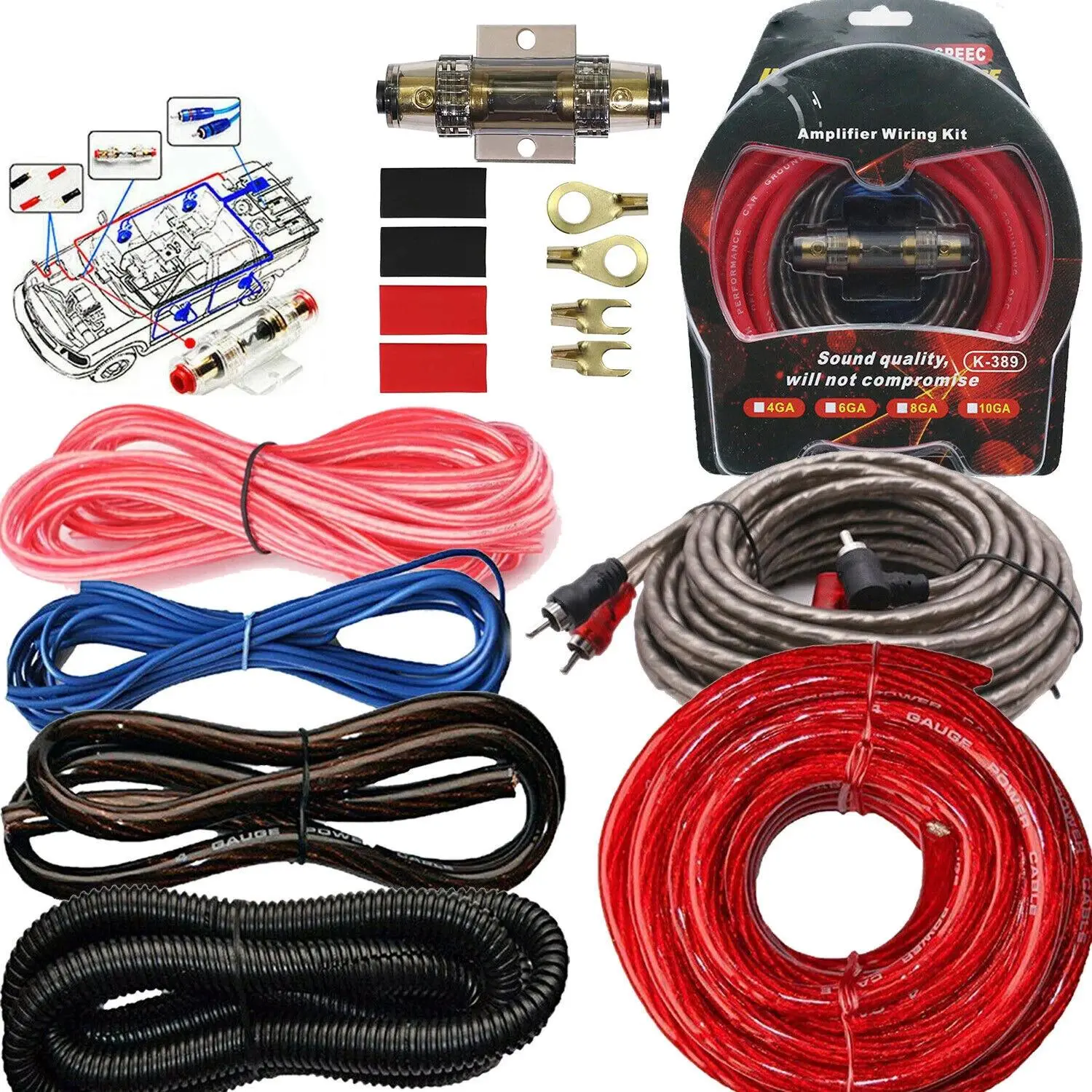 4-Ga (4ga) Car Audio Amplifier Wiring Kit - 2300W Subwoofer Setup with RCA Cables, Power-Ground Wire, 60A Fuse, Corrosion Resistance, Easy Routing, Flexible Wires & Installation Accessories