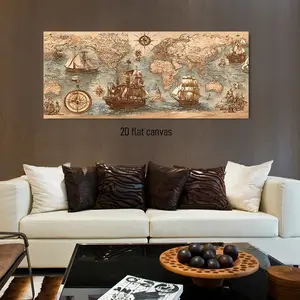 1PCS Vintage Nautical World Map Canvas Painting Frameless Living Room Decor European Retro Style Study Wall Art with Sailing Ship Compass Elements Mural WALL ART