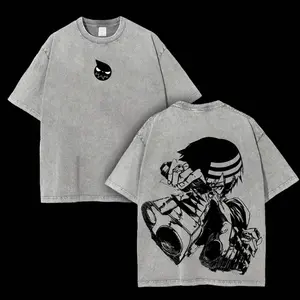 Unisex Death the Kid Meister Soul Eater Anime Oversized Seamless Round Neck Shortsleeve Apparel - Double Printed Vintage Washed Heavyweight Cotton T-shirt, Gift for Anime Fans ZR5 N13
