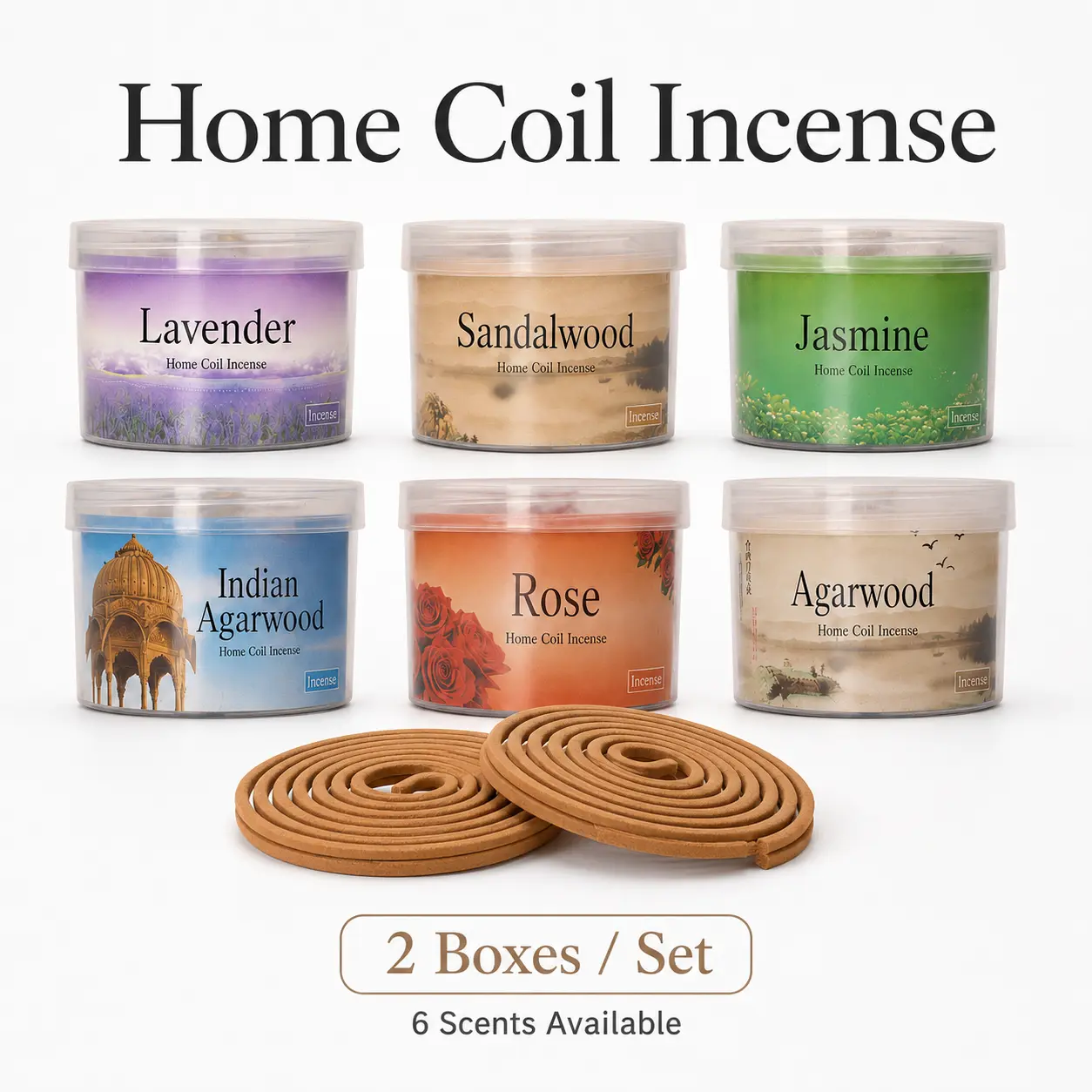 2-Box Spiral Coil Incense Set, Choose 1 of 6 Scents – Lavender, Sandalwood, Jasmine, Indian Agarwood, Rose or Agarwood, Tan-Brown Home Fragrance Coils for Bedroom, Bathroom, Office & Meditation, Holder Not Included