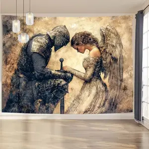 Vintage Polyester Knight Angel Tapestry, Prayer Scene Wall Hanging Art, 1 Piece Decorative Home and Office Decoration, Home Bedroom Decor