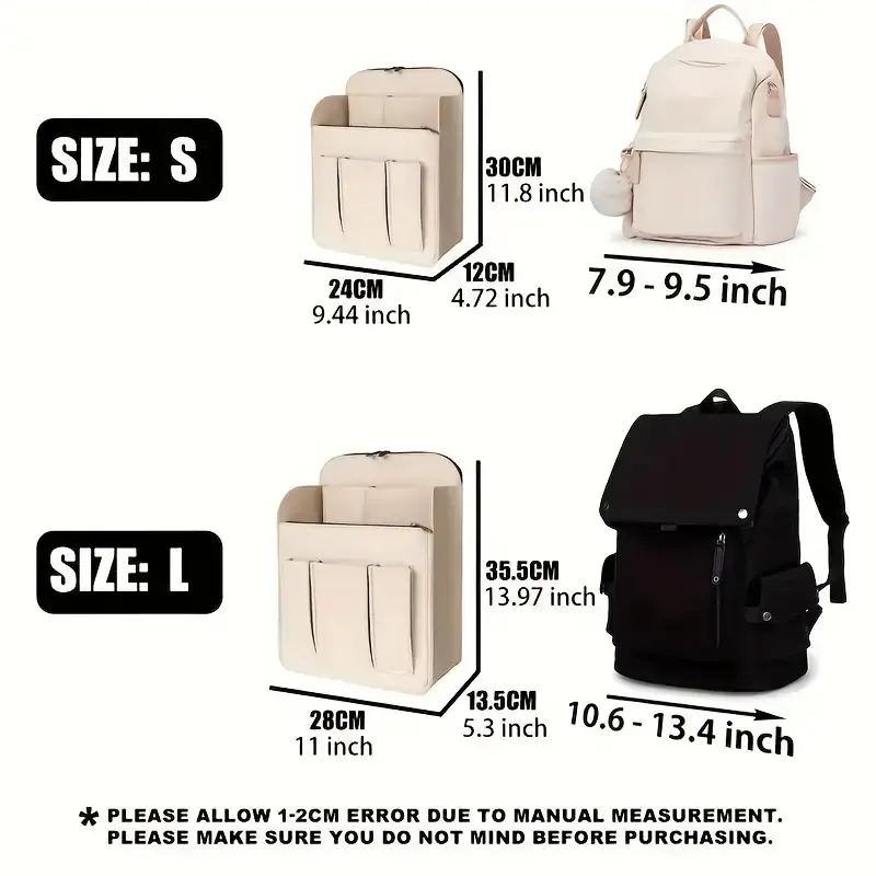S Size Backpack Organizer Insert - Heavy-Duty Nylon, Sturdy Frame, Reinforced Seams, Multiple Compartments for Travel, School (3 Sizes Available)