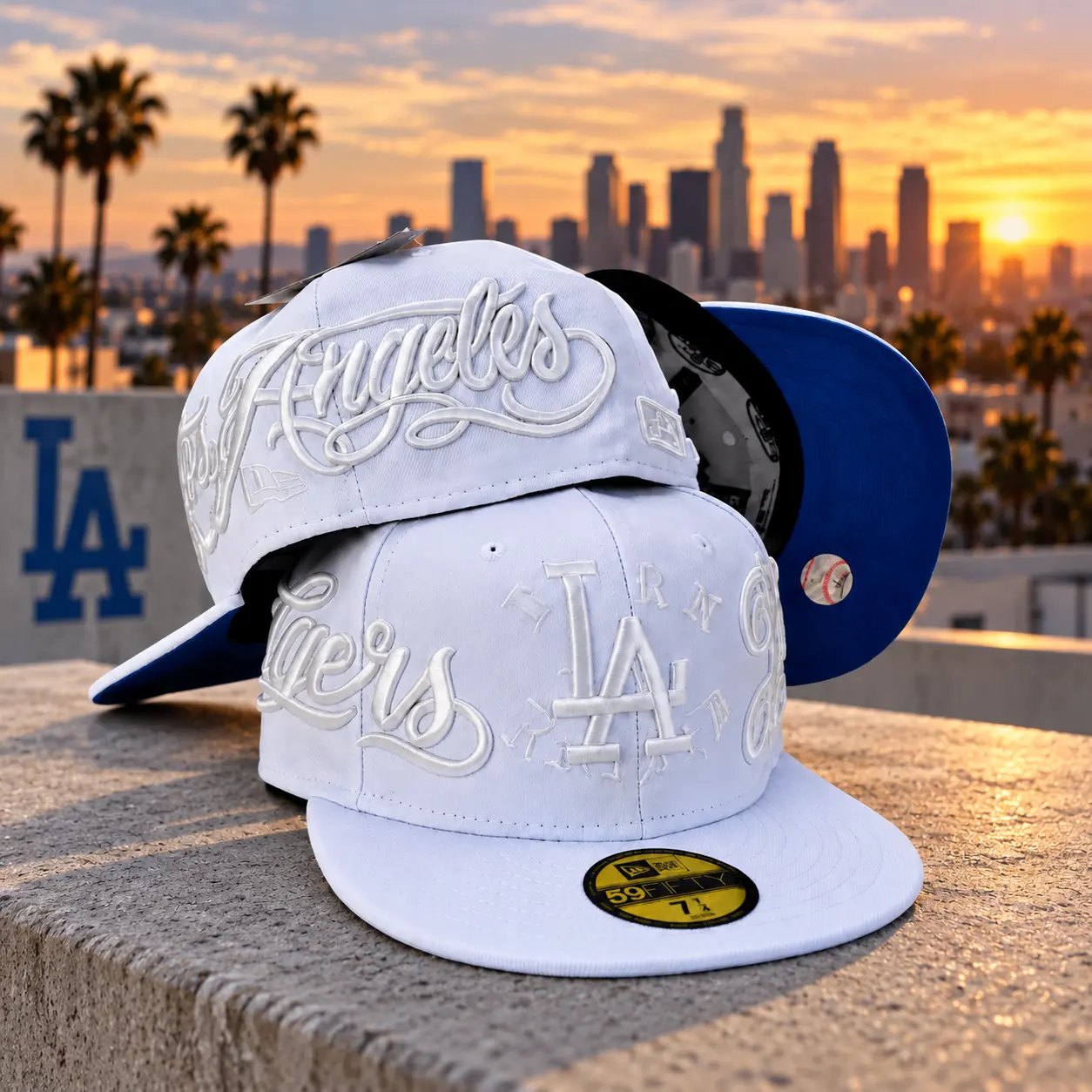 Los Angeles LA White Fitted Baseball Hat – All Over Embroidered Flat Brim Streetwear Cap