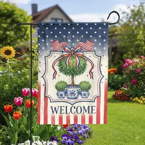 Patriotic Welcome Garden Flag _ Stars and Stripes Topiary Design _ Double Sided Weather Resistant _ 4th of July Memorial Day Outdoor Decor