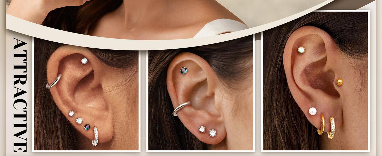 Hypoallergenic Stud Hoop Earrings for Women Small Flat Back Surgical Stainless Steel Earrings for Sensitive Ears Trendy Silver Hoops Cartilage Earring Stacks Set Multiple Piercing Jewelry Gifts