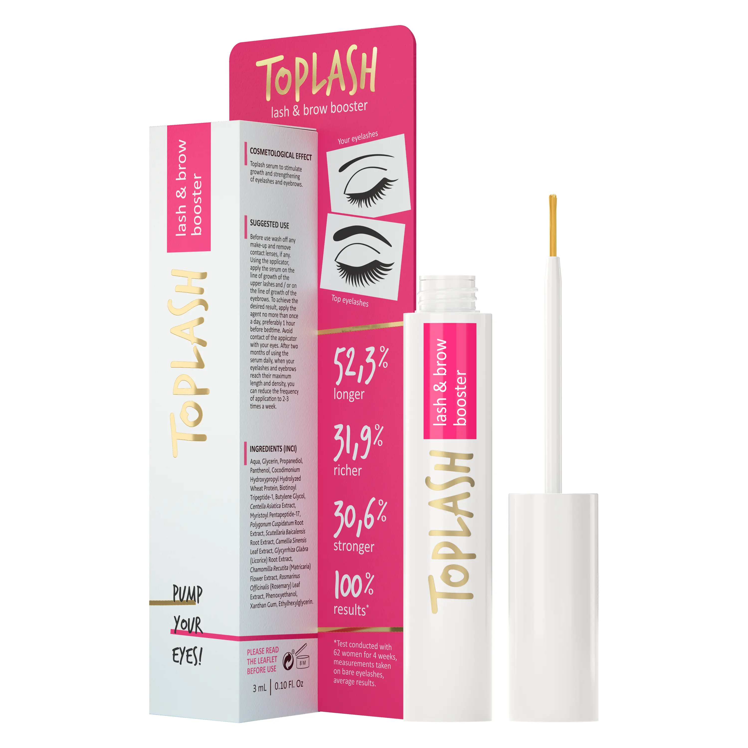 Toplash Eyelash & Eyebrow Growth Serum with Biotin & Peptides, Hypoallergenic Formula for Lengthening & Thicker Lashes, 3 ml (3 Month Supply), Eyelash Growth Serum