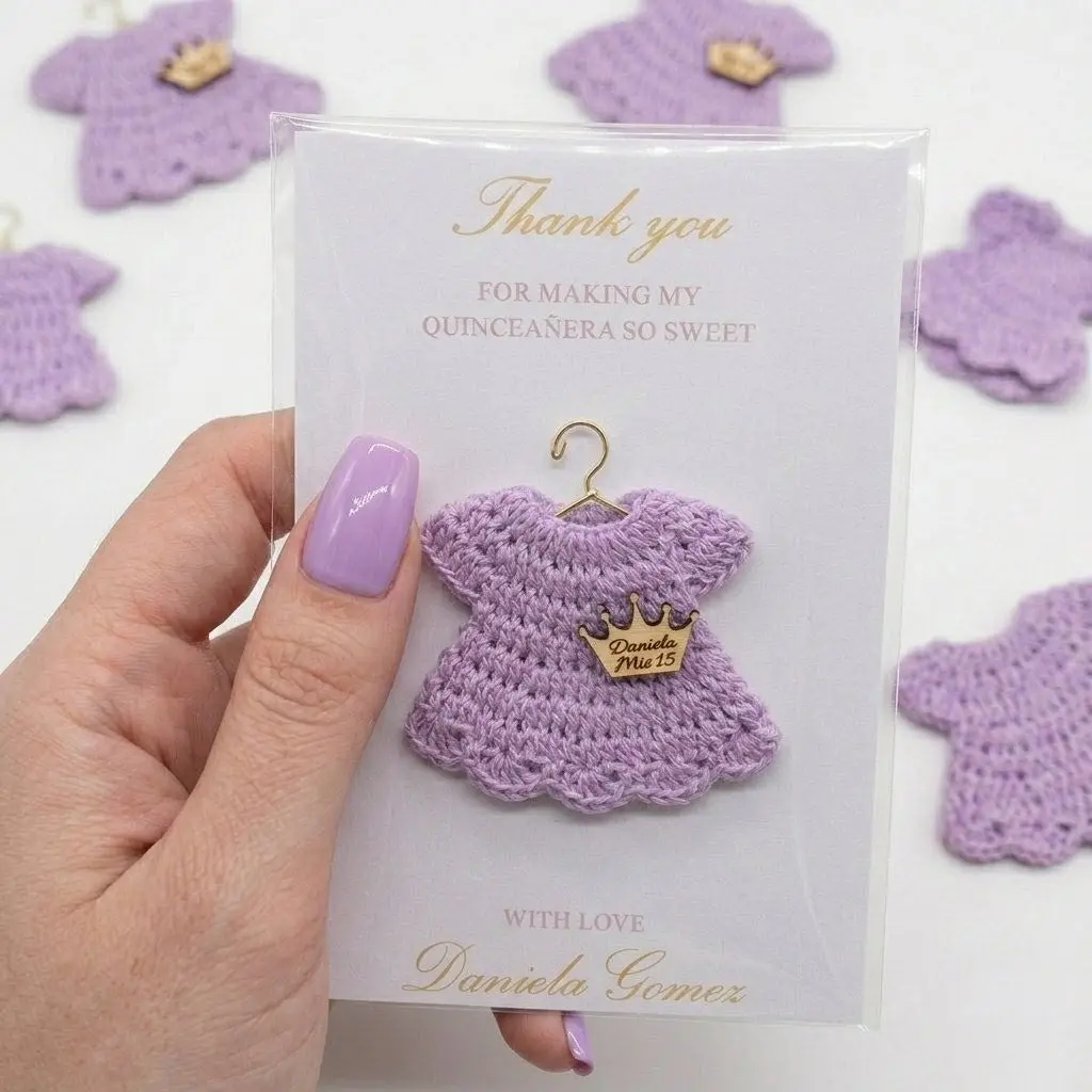 Personalized Party Gift: 6pc Lilac Crochet Quinceañera Favors - Custom Name Crown Charm & Gold Hanger Personalized Party Favor
