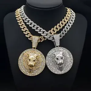 Lion Head Cubic Zirconia Medal Pendant & 13mm 20" Iced Cuban Chain Necklace - High Quality, Polished Design for Gifts