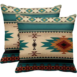 Emvency Set of 2 Throw Pillow Cover Tribal Fabric Print Turquoise Blue Hue Decorative Pillow Case Western Home Decor Square 18 x 18 Inch Cushion Pillowcase