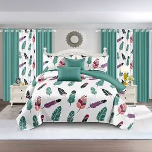 9 Piece Bedding Set with Bedspread Curtains and Pillowcases for Farmhouse Bedroom or Dorm Decor Queen or King Size Bamboo Feather Soft Breathable Cozy Comfort Christmas Floral Print Design Comes with Gift Bag