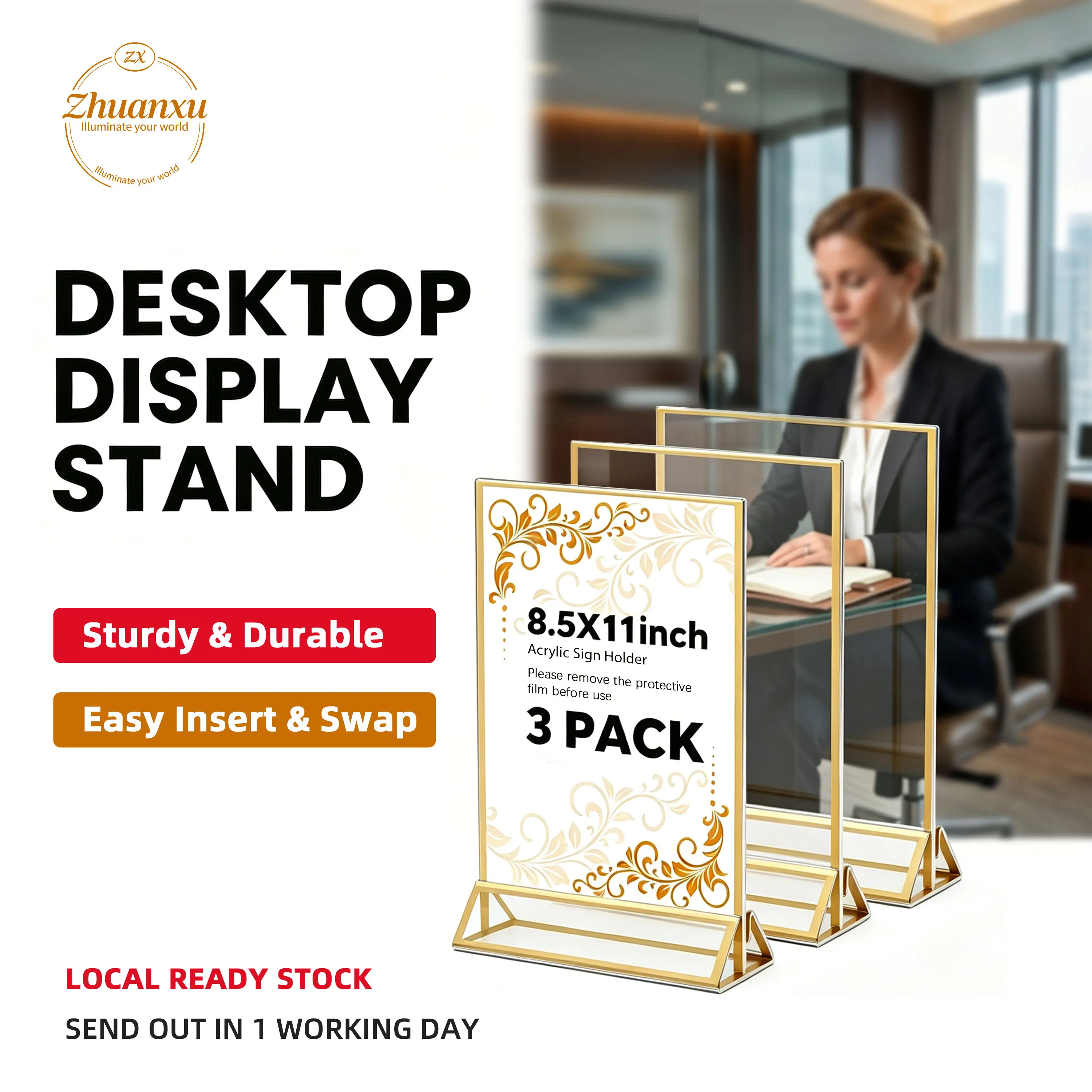 CHILDLION 6-Pack Gold Acrylic Sign Holder, 8.5x11 In Double-Sided Table Top Stand-Up Frame, Wedding & Gold Detail Desktop Decoration Sign for Stores, Gold Detail Desktop Decoration Signs