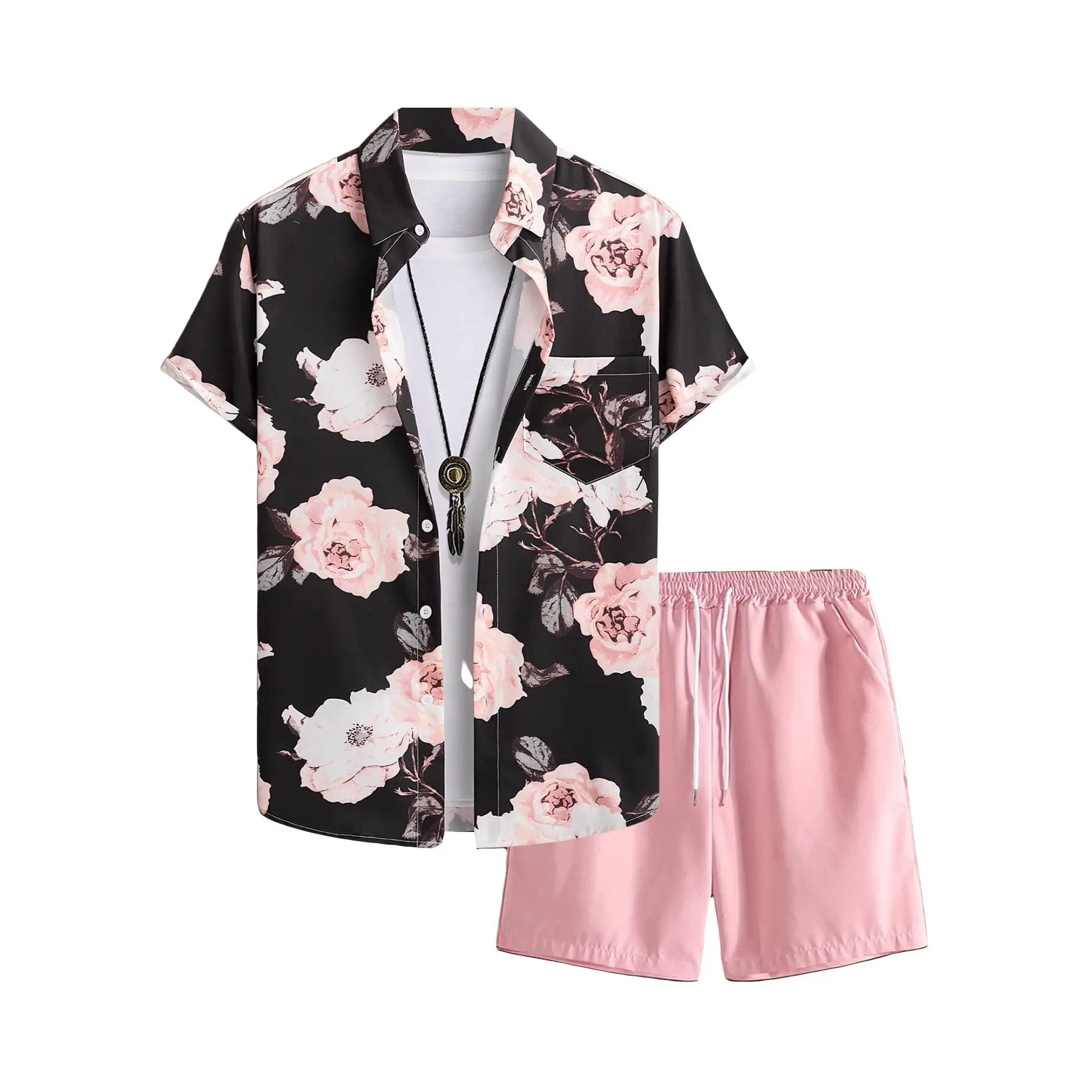 Men's 2-Piece Stretchy Breathable Menswear Matching Outfits - Casual Floral Short-Sleeve Button-Down Shirt & Elastic Bottoms Set for Vacation Beach Attire, Breezy Short Sleeves, Shortsleeve, Clothes, 2 Piece Sets, Mens Clothing, Men's 2 Piece Sets