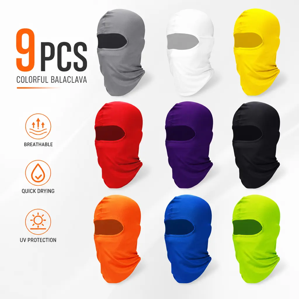 9-Pack Synthetic Balaclava Headwear - One Size, UPF 50+ UV Protection, Windproof, Lightweight, Breathable, Full Cover Helmet Liner Ready Ski Face Masks for Men, Bulk Pack for Outdoor Sports, Elastic Balaclava