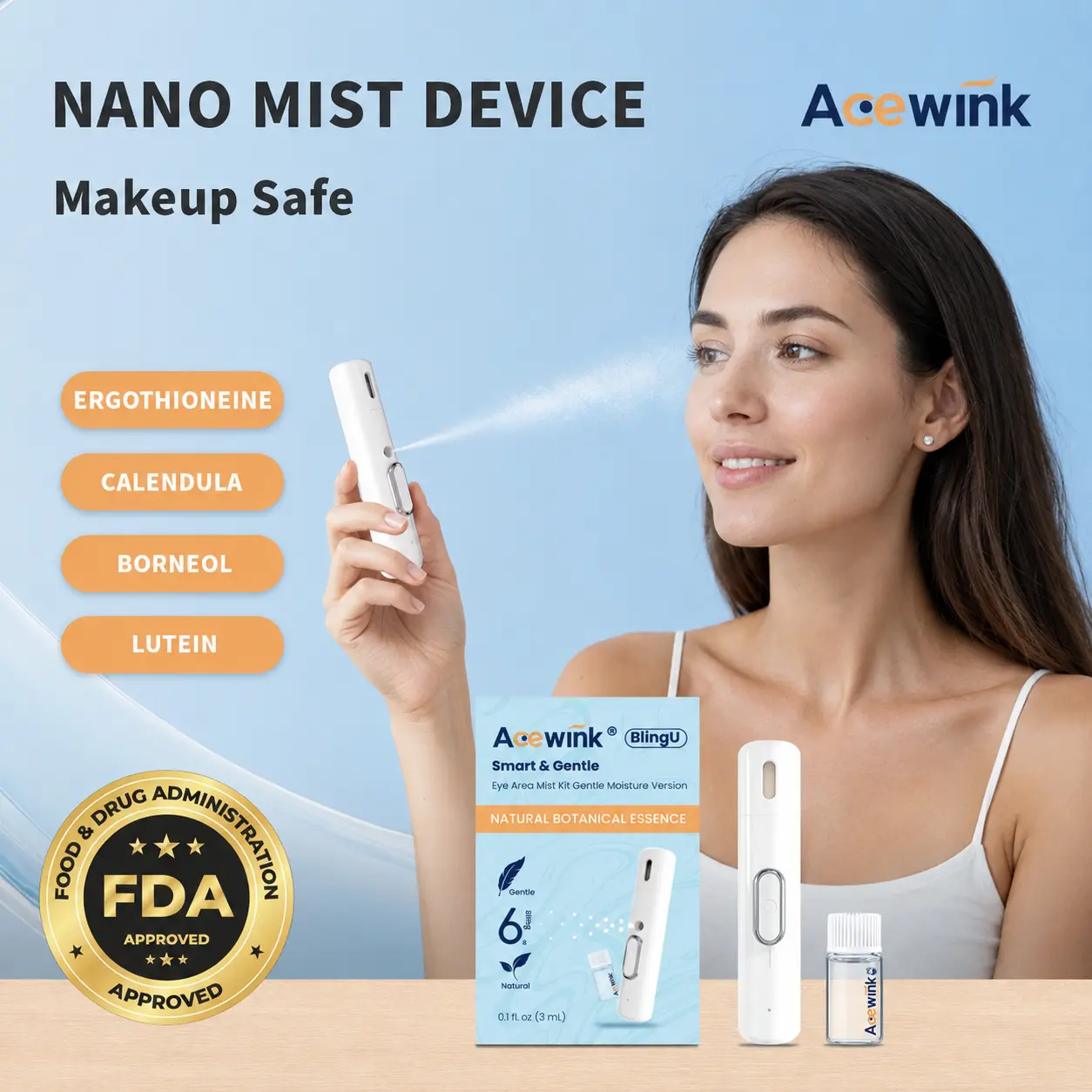 Acewink BlingU Lutein Eye Spray with Calendula, Cooling Nano Mist Device for Screen-Tired Eyes, Makeup-Safe Daily Eye Care Mist Hydrating Eye Care