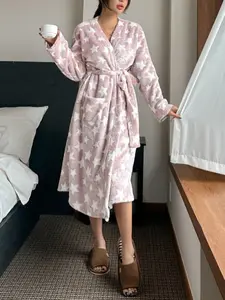 Autumn Winter Flannel Thick Cute Star Print V-Neck Bathrobe Loose, Fashionable Elegant Chic Womenswear Lady Style Pocket Outerwear Homeewear Loungewear Warm Sleepwear Nightwear Robe