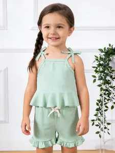 Summer Girls' Cute 2-Piece Set Outfit, Bow Strap Tank Top and Shorts, Casual Fashion, Suitable for 1-6 Years, Perfect for Holidays