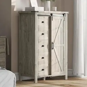 AMERLIFE 48" Tall Farmhouse 5 Drawers Dressers for Bedroom, Vintage Dresser Closet, Storage Cabinet with Sliding Barn Door, Organizer TV Stand for Living Room
