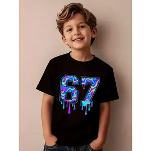 Boys' Summer Short Sleeve T-Shirt with 6 & 7 Number Cartoon Print - Bright Colors Casual Round Neck Top for & Play - Casual Attire (Hand Washable) NY-DX7729