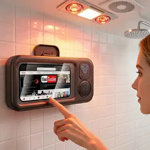 Punch-Free Waterproof Shower Bracket, Anti-Fog HD Visual Phone Holder, Built-in Bluetooth Audio Player, Stable Adhesive Wall Mount for Bathroom Wet Environment Daily Use