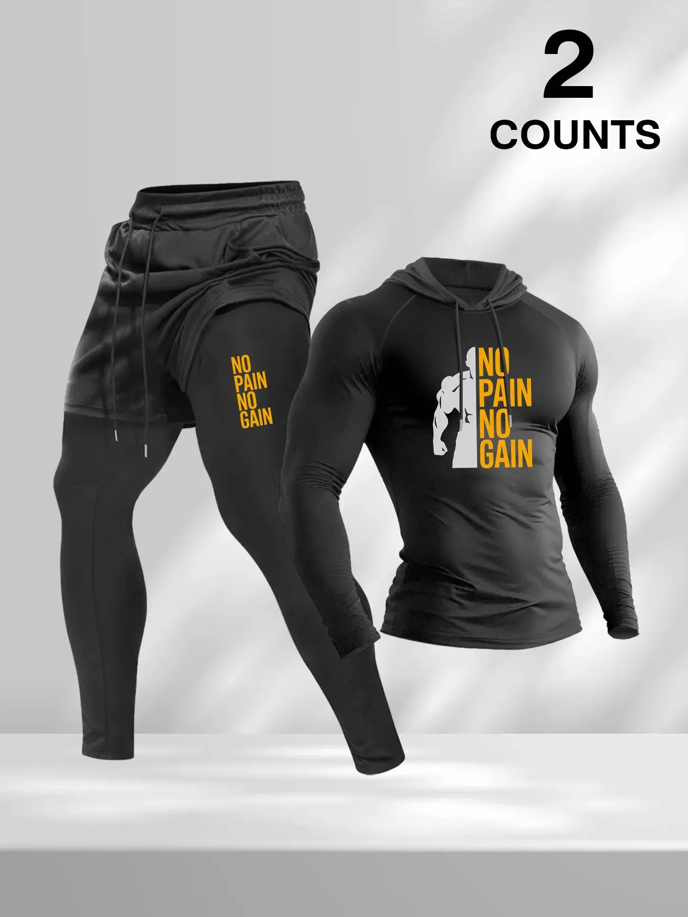 Men's 2 Piece Workout Set - NO PAIN NO GAIN Compression Hoodie & 2-in-1 Running Tights, Gym Outfit for Fitness Training Bodybuilding, Athletic Tracksuit for Men, Fitness Outfits, Sports Clothing Set, Gym Workout Clothes, Athletic Training Apparel