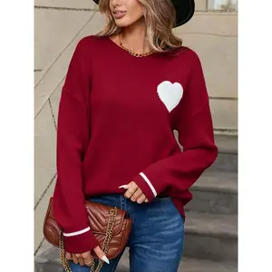 Women’s loose heart-shaped knit sweater, autumn–winter casual crewneck pullover, long sleeves, sweetheart neckline, knitted fabric