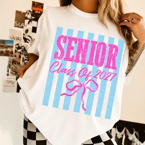 Senior Class Of 2027 Shirt, Pink Blue Senior 2027 Tee, Coquette Bow Graduation Shirt, Cute Retro Senior Shirt for Girls, Trendy Class of 2027 Graphic Tee