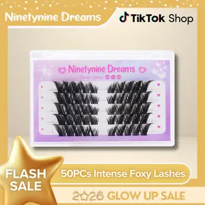 Ninetynine Dreams 50PCs Intense Foxy Lashes | Dramatic Wispy Long Pre-Mapped 8-16mm D Curl Beginner-Friendly False Eyelashes for Cat Eye & Siren Look — Reusable Waterproof Ultra-Thin Band Lash Clusters for Bold Glam Cat Eye Makeup